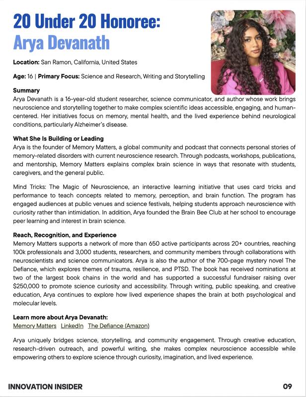 20 Under 20 Honoree feature on Arya Devanath